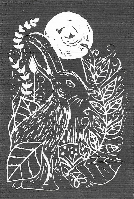 Hare and Foliage - Original Lino Print