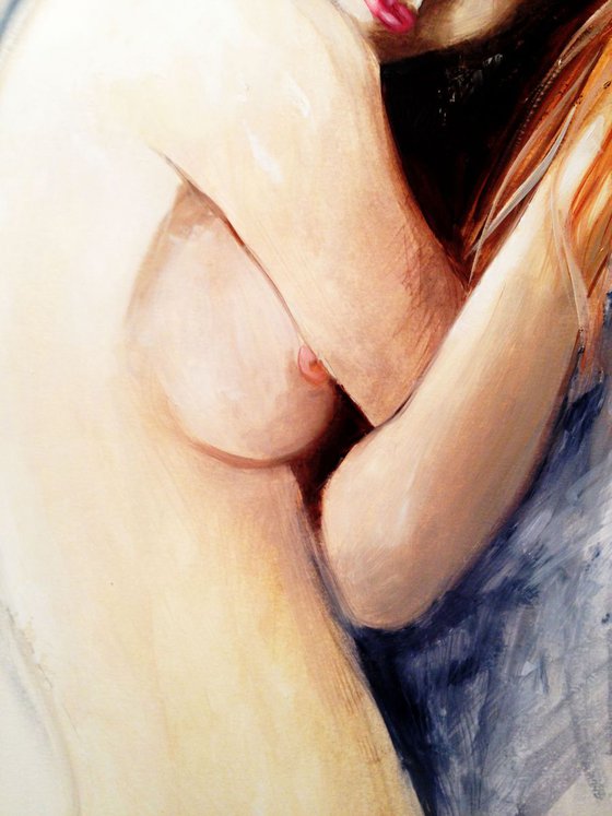 Red head - original painting - 42 x 59 cm (17' x 23')- modern nude oil /watercolor on paper