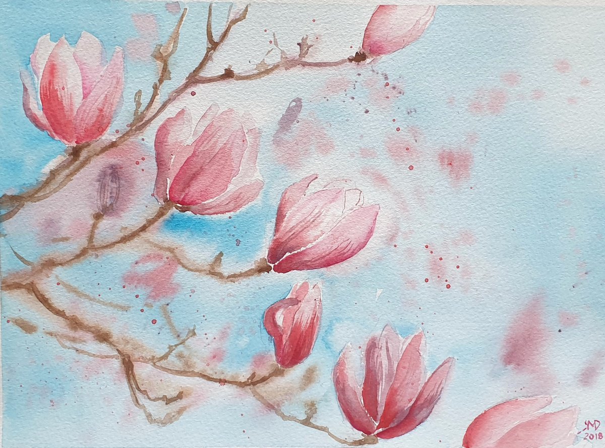 Expressive Botanical Drawing By Ksenia June, 12 X 9", Monday Magnolias, Original Artwork