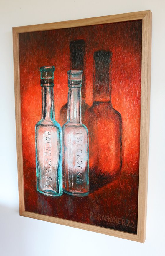 Vintage bottles on red background