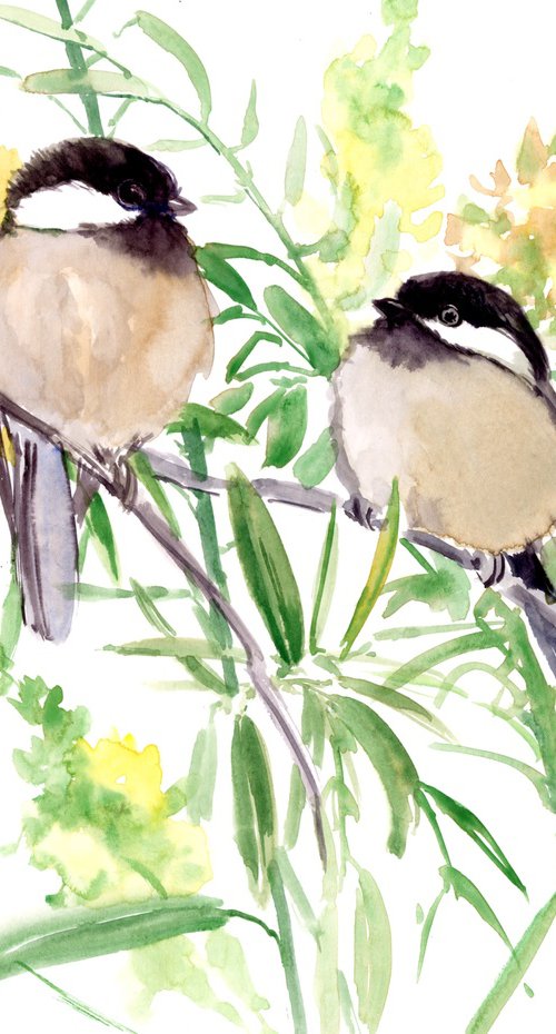 Chickadees and Blooming Tree by Suren Nersisyan