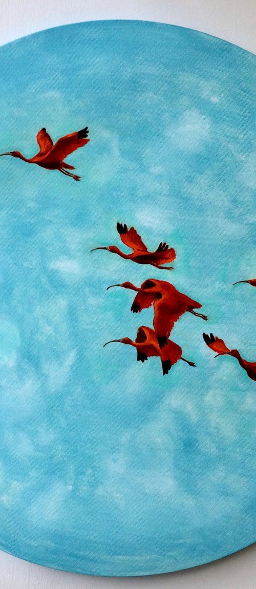 Round painting with flying red ibis and blue sky - The red thread by Olga Ivanova