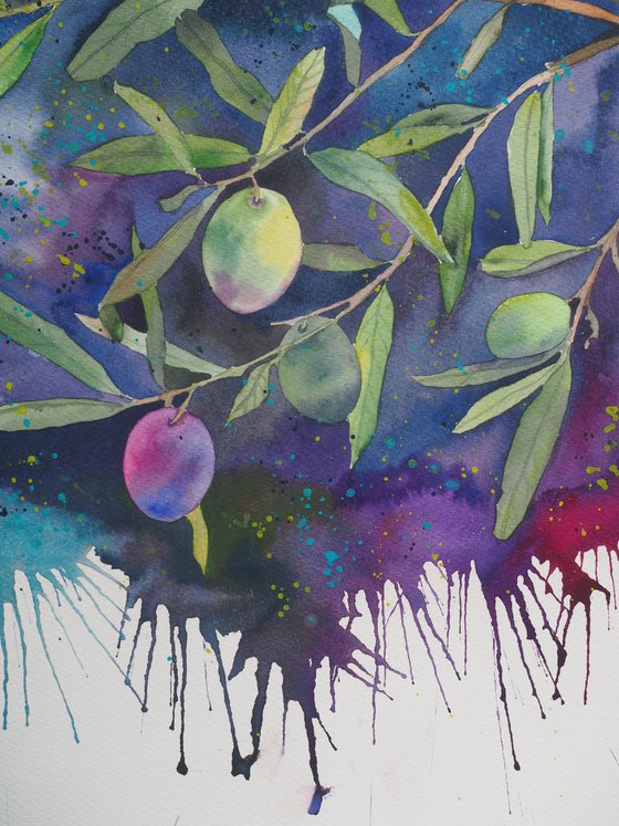Olives on a dark background - original watercolor, falling paint