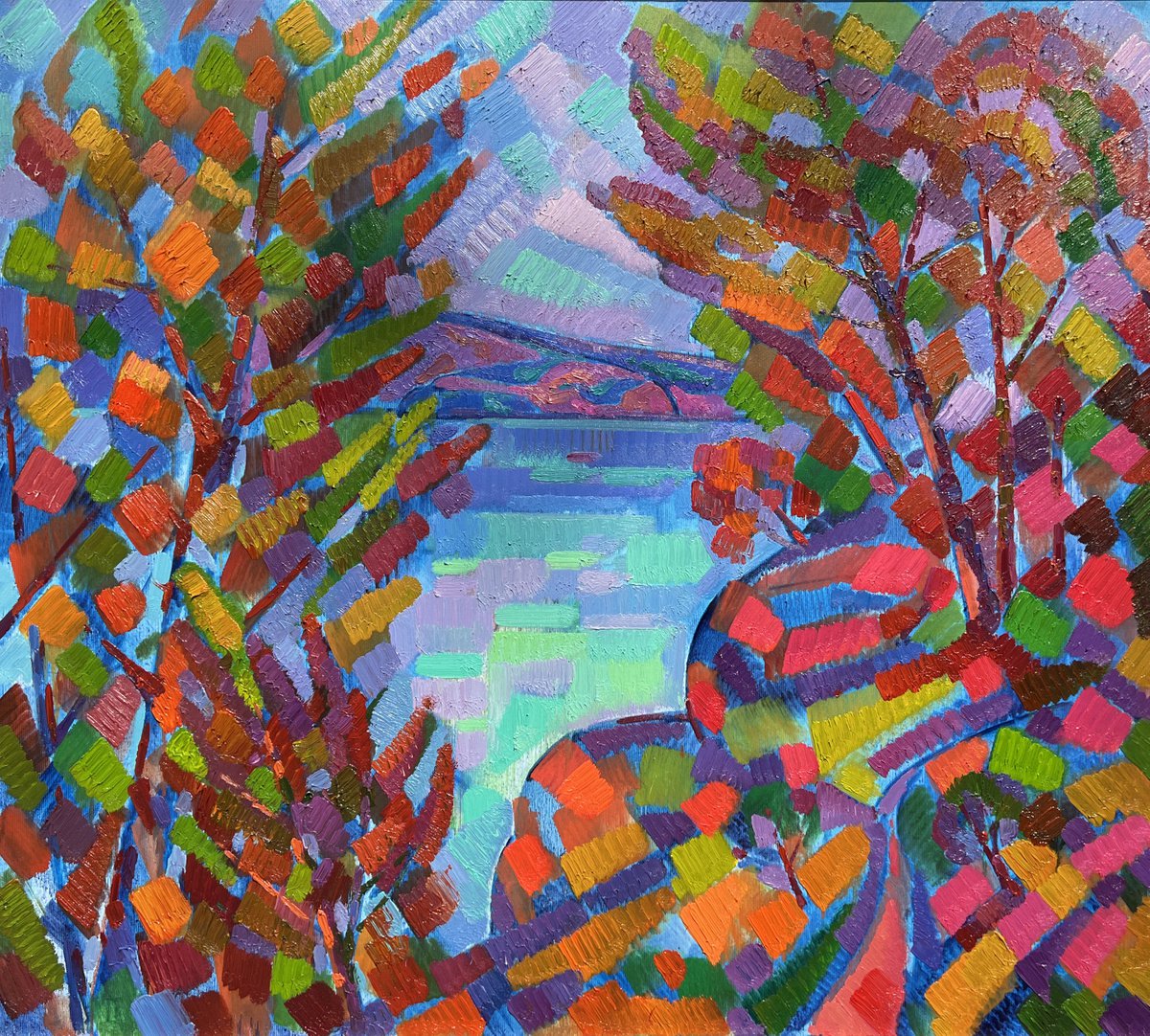 Impressionistic Abstract Oil Painting By Peter Tovpev, 31 X 35", Autumn On The Dnieper, Original Artwork
