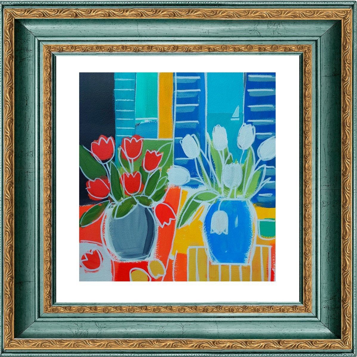 Tulips and Blue Shutters by Jan Rippingham