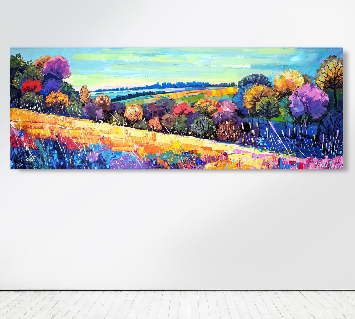 Abstract Landscape Acrylic Painting By Trayko Popov, 71 X 30", Where The Fields Remember, Original Artwork