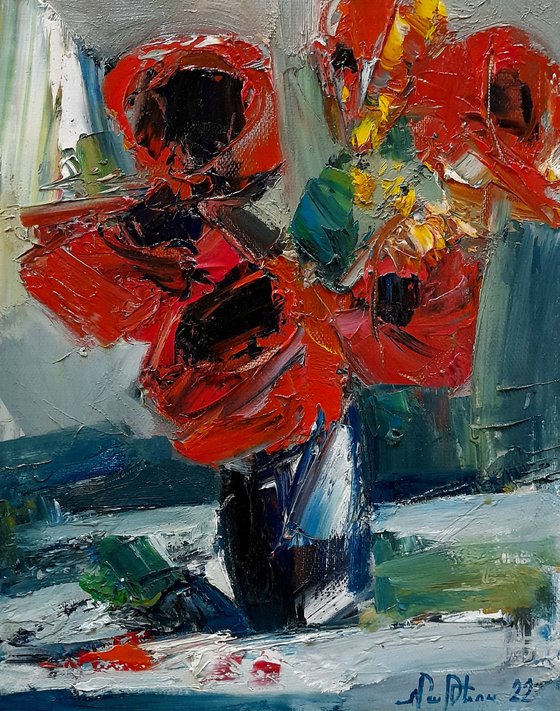 Red poppies (30x24cm, oil painting, palette knife)