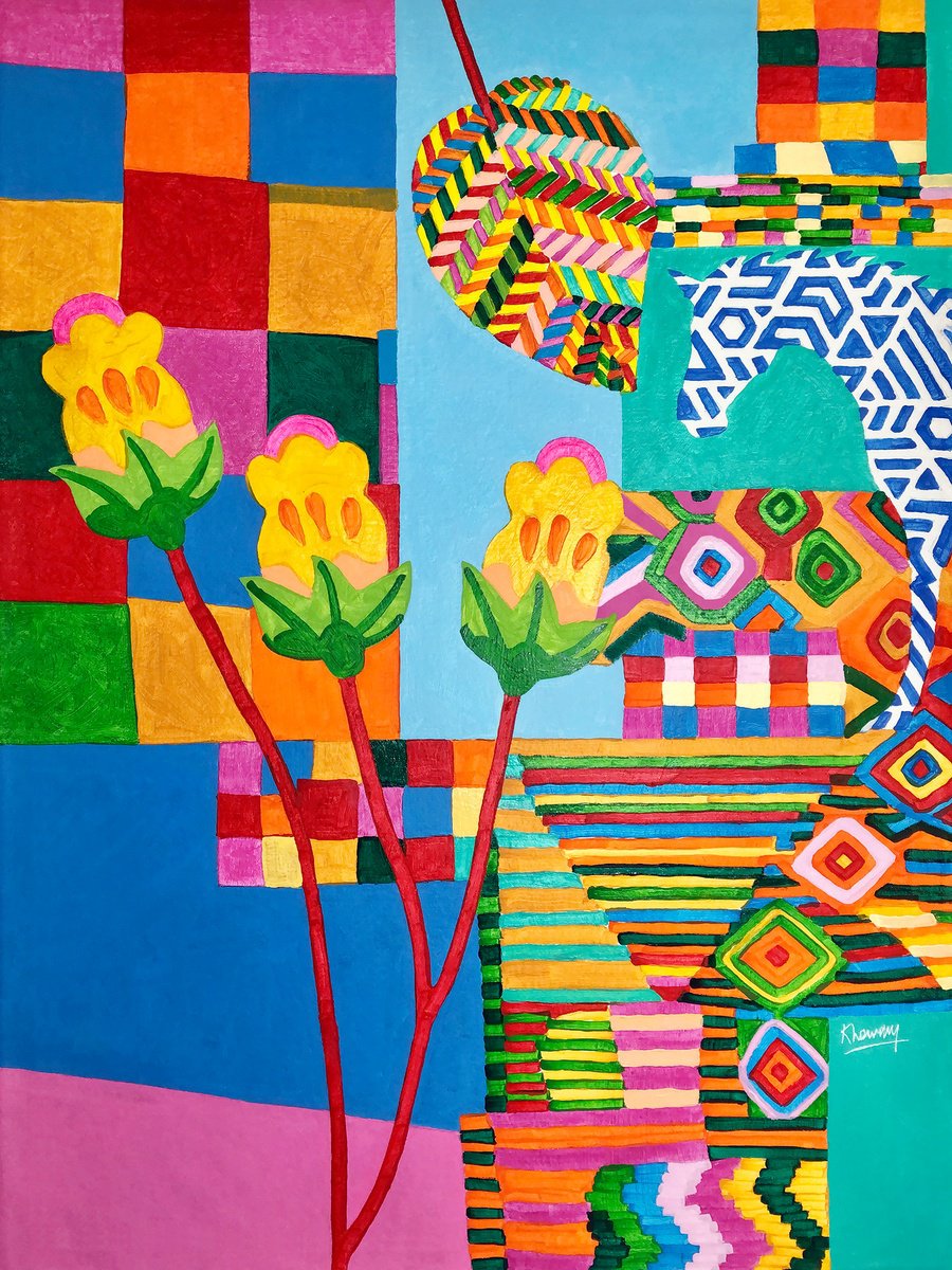 Urban And Pop Botanical Acrylic Painting By Tony Khawam, 33 X 43", Delightful Binge, Original Artwork