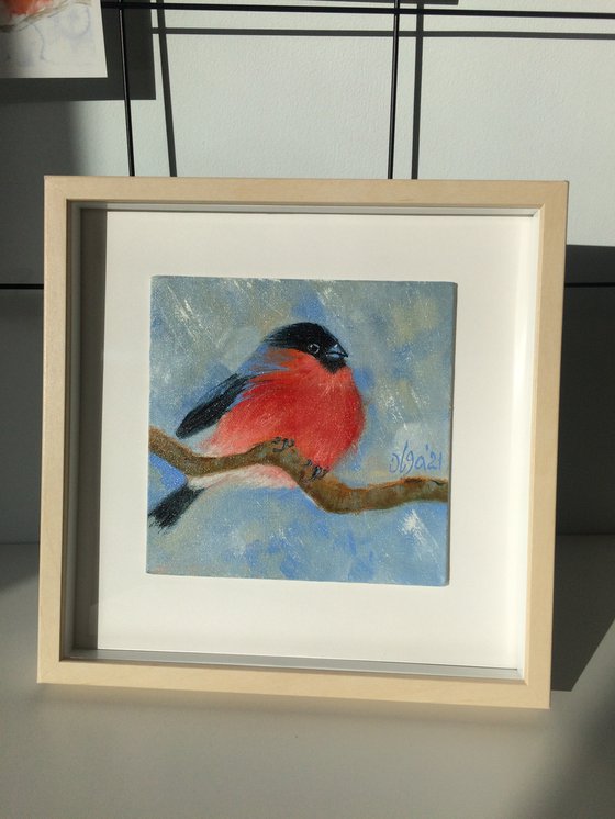 Bird framed oil painting - Bullfinch small canvas - Winter shelf painting - Gift idea for bird lover (2021)