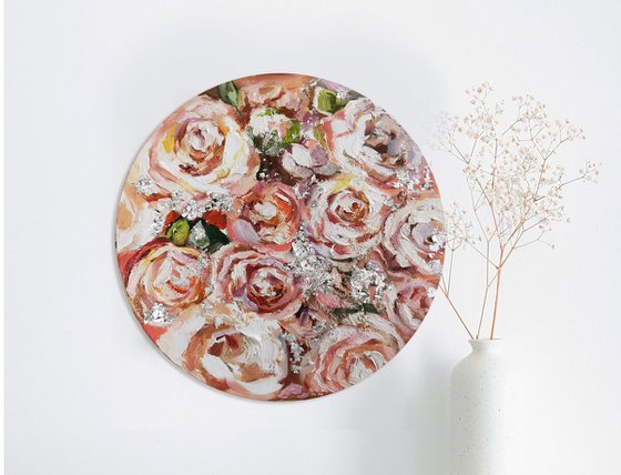 Peonies flowers painting on round canvas, Textural floral painting