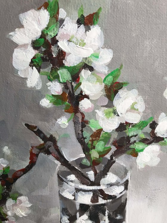 Blossoming cherry branch.. One of a kind, original painting, handmad work, gift.
