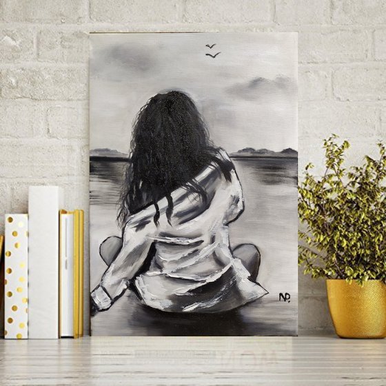 Touch the sky, nude erotic black and white girl painting, art for home