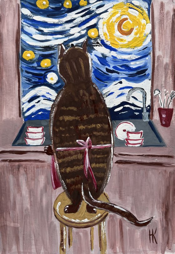 Cat original painting  " Watching the starry night"