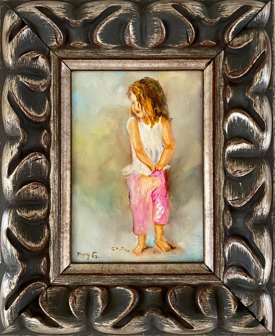 Cute girl looking in her pocket one of kind oil painting 5x7 silver frame