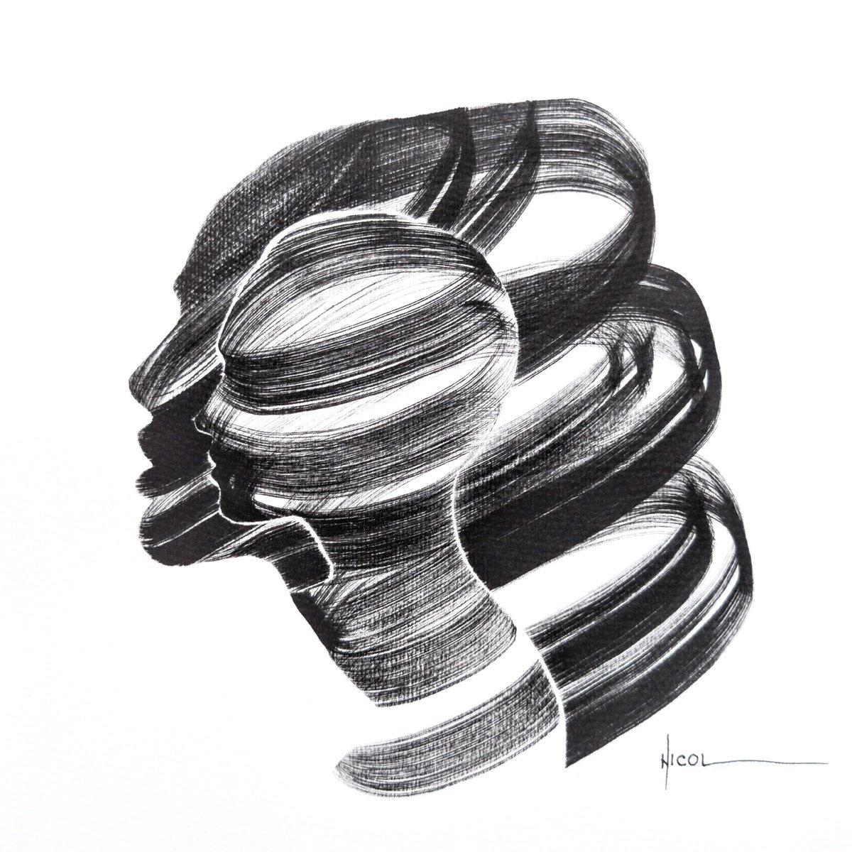 Expressive Portrait Ink Drawing By Nicol Vacaru, 11 X 11", Layers Of Becoming, Original Artwork