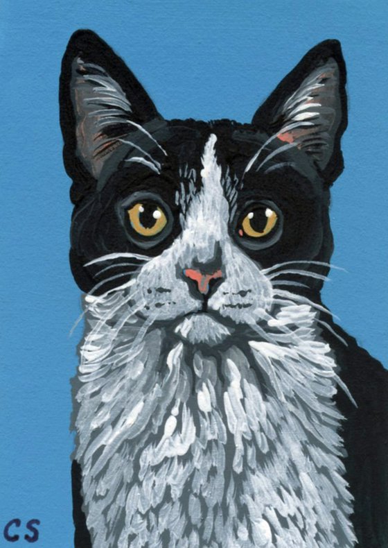 ACEO ATC Original Miniature Painting Black White Tuxedo Cat Pet Art-Carla Smale