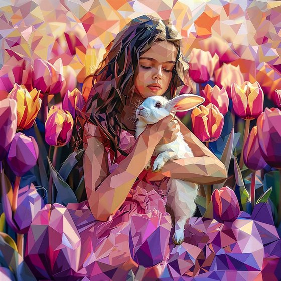 GIRL WITH RABBIT AND TULIPS