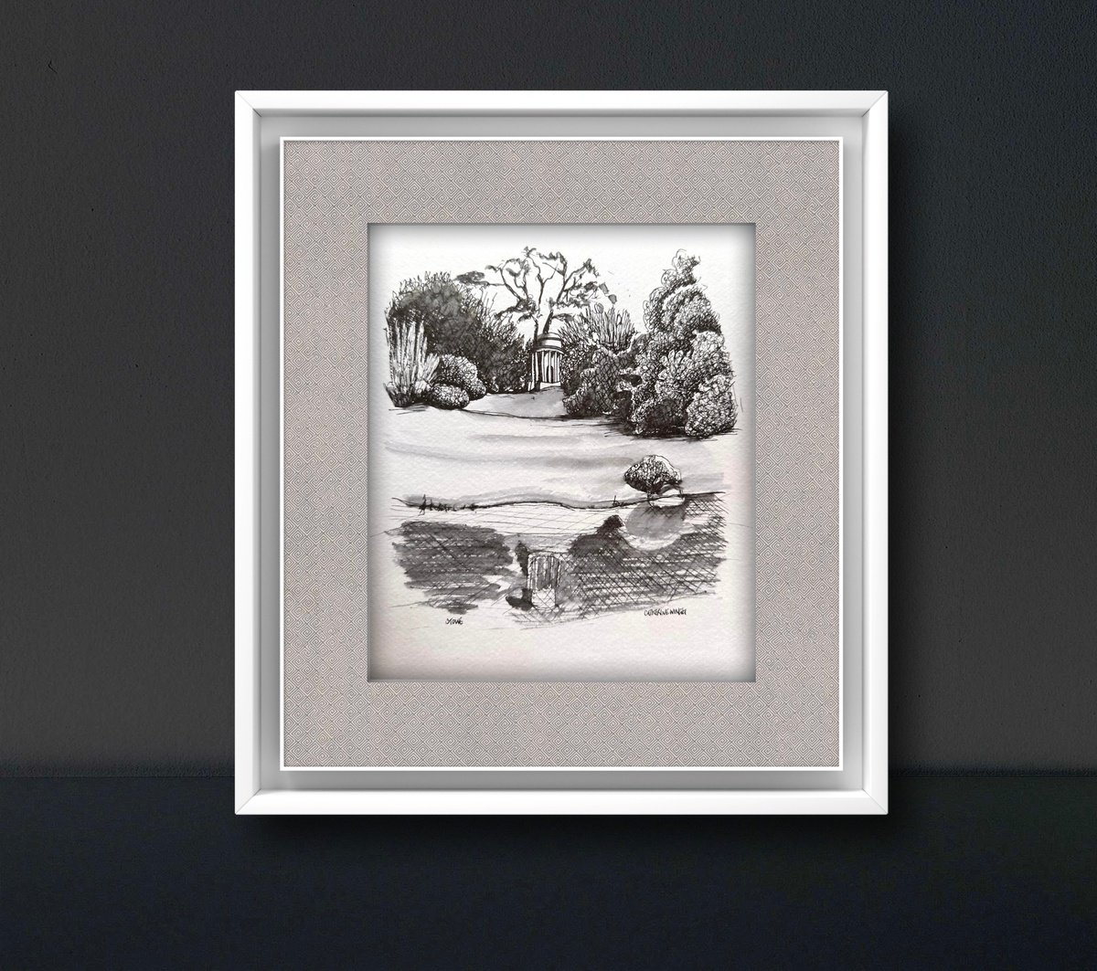Landscape Ink Drawing By Catherine Winget, 10 X 8, Temple Of Ancient Virtue Stowe Gardens Buckinghamshire, Original Artwork