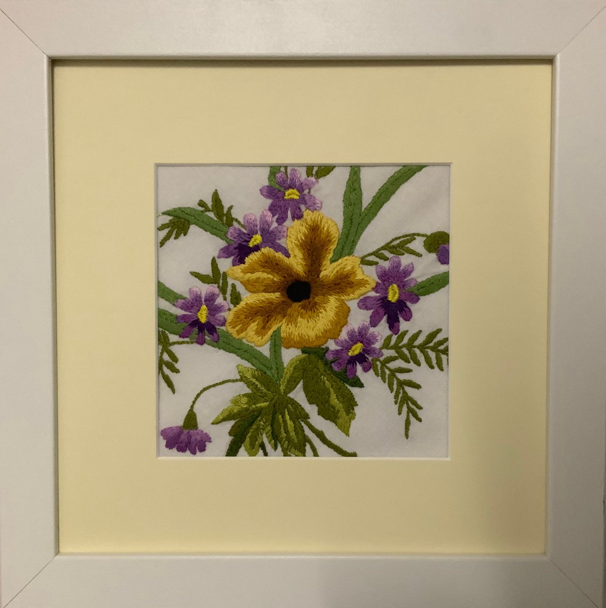 A late summer bouquet - framed 1930s Vintage Hand embroidery - floral art by Sarah Gill