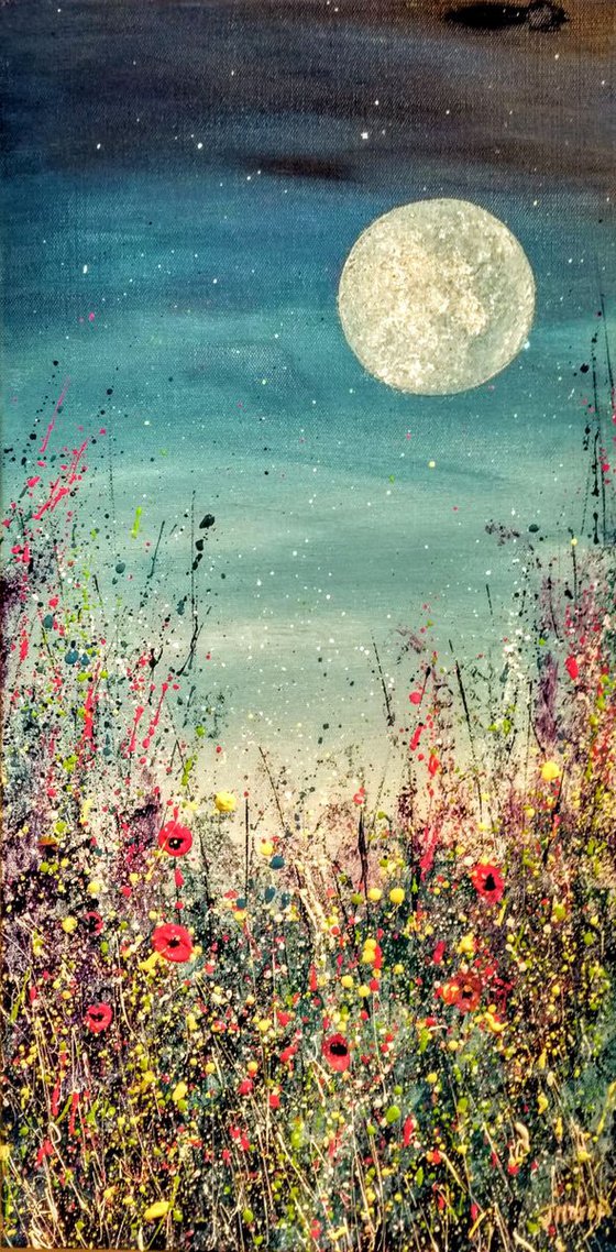 Drunk on the moon - blue moon and meadow painting