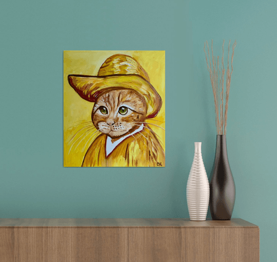 Cat in a straw hat with green eyes La Vincent Van Gogh