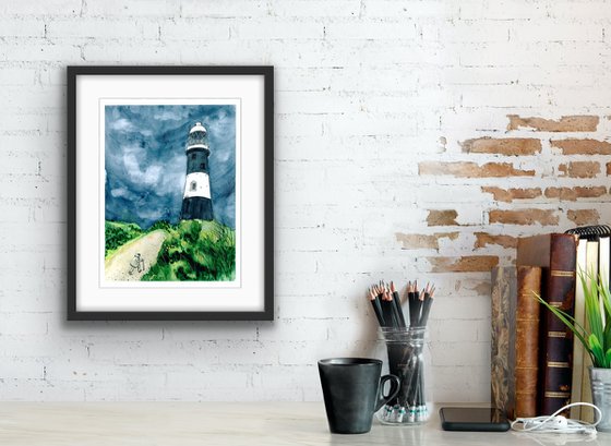 Landscape watercolor painting - Lighthouse and thunderstorm sky mixed media artwork - Gift idea for him     Gift idea