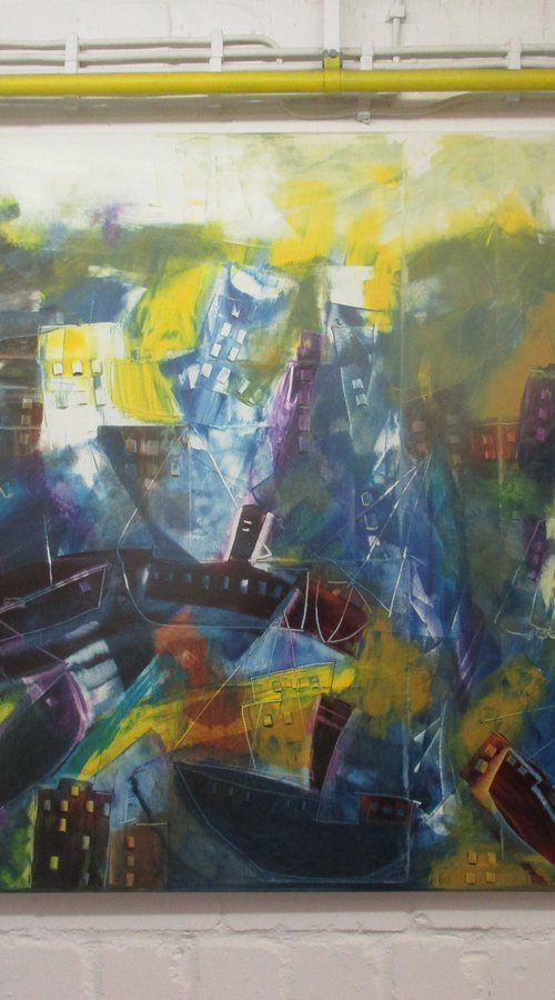 oil scretched abstract city painting xl 39x39 inch by Sonja Zeltner-Müller