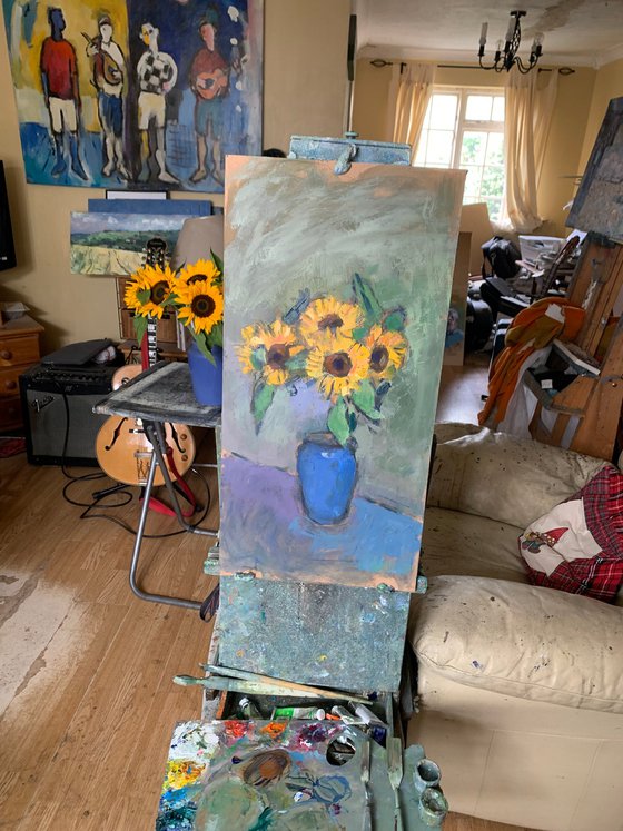 Sunflowers in Blue Jug