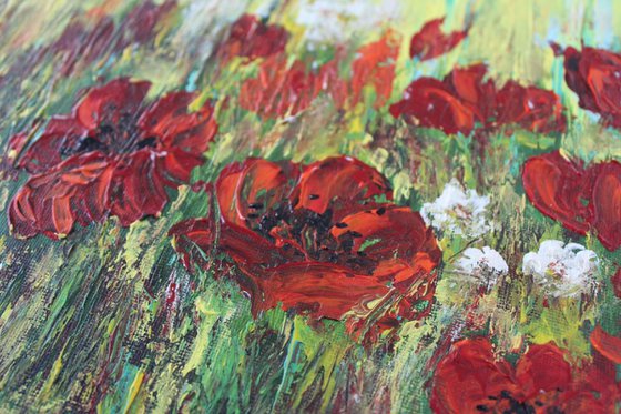 "Poppy Field, 2017" - Impressionistic Landscape Acrylic Painting on Canvas