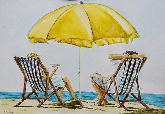 Sunbathing. Original watercolor painting by Svetlana Vorobyeva