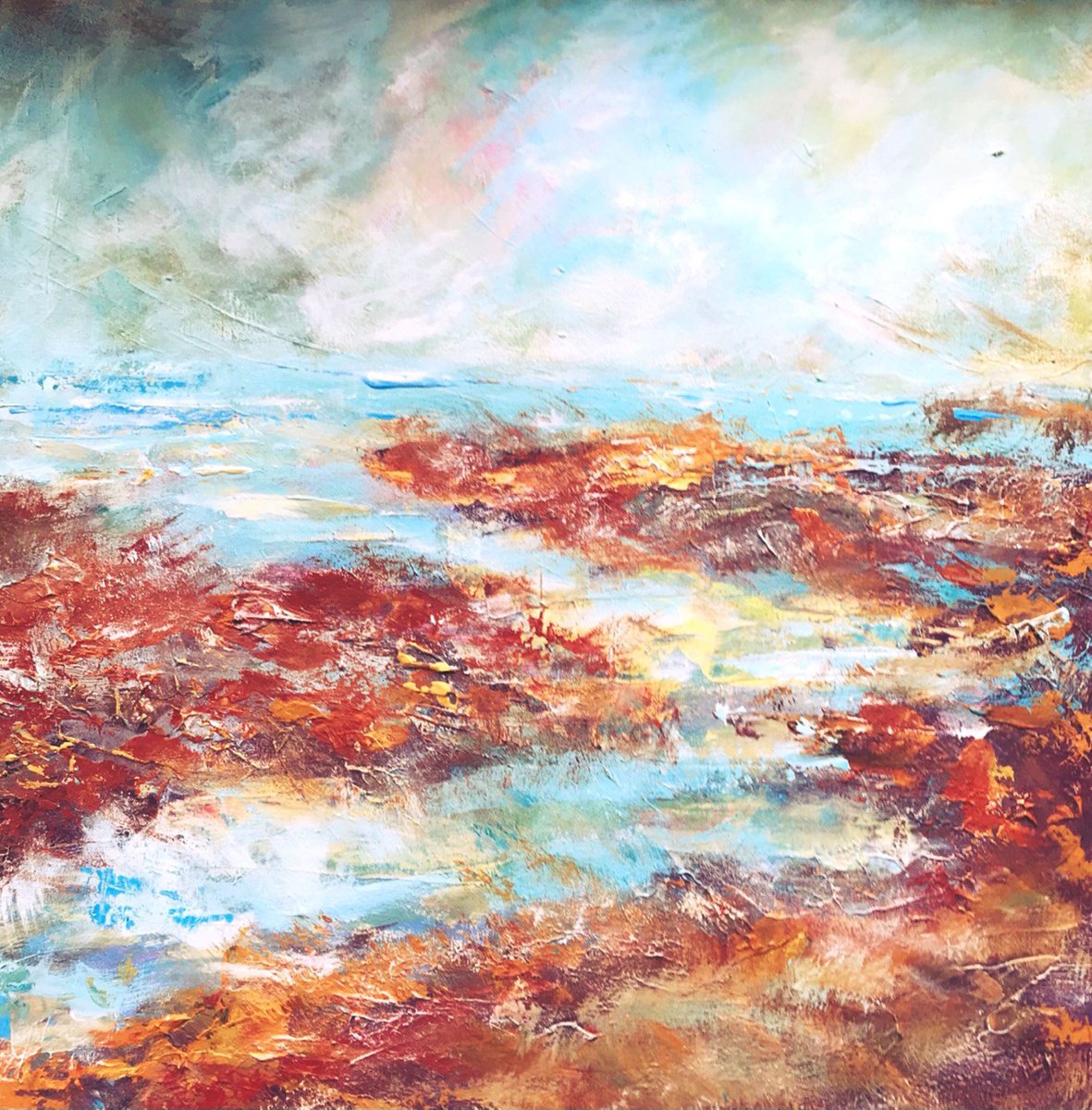 Abstract Landscape Acrylic Painting By Tetiana Pchelnykova, 20 X 20", All Rivers Flow To The Ocean, Original Artwork