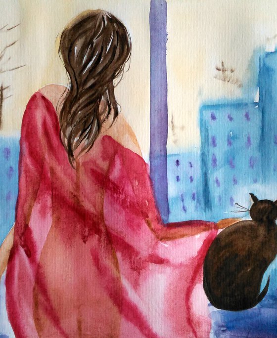 Girl and cat original watercolor painting best friend for isolation "April outside"