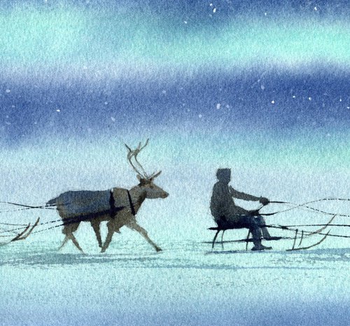 Winter northern landscape with aurora borealis.  Reindeer teams. by Evgeniya Mokeeva
