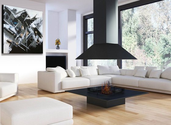 The Long Day is Over - XL Large abstract art – Black & White Art - Expressions of energy and light.