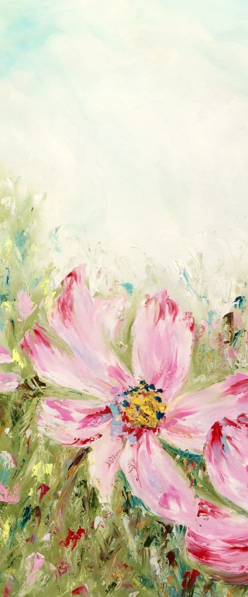 Original oil painting - pink flower field 36"x36" by Emma Bell