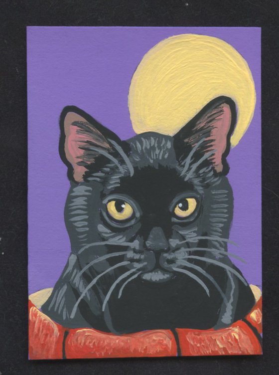 ACEO ATC Original Miniature Painting Halloween Black Cat Pumpkin Art-Carla Smale