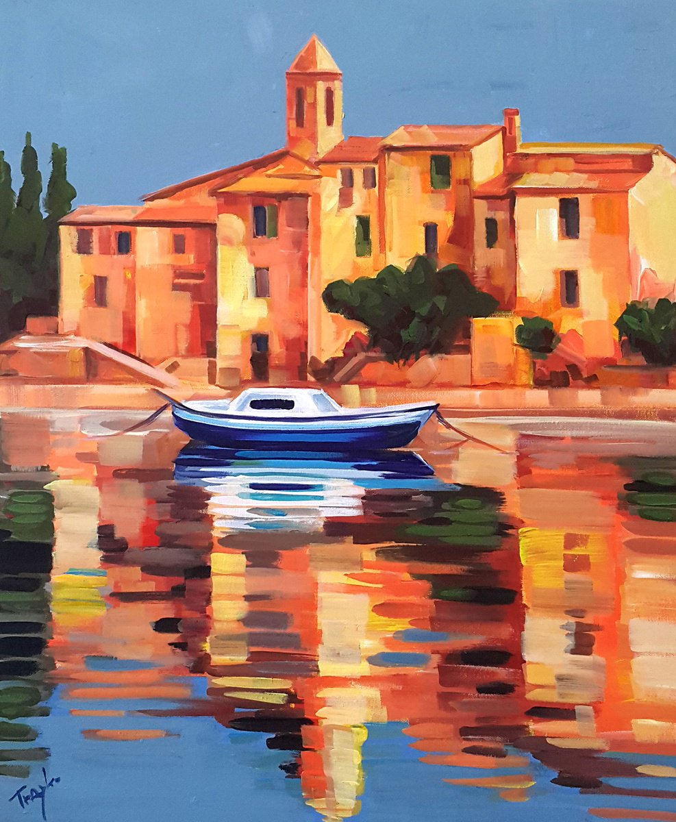 Abstract Landscape Acrylic Painting By Trayko Popov, 20 X 24", Reflections Of Serenity, Original Artwork