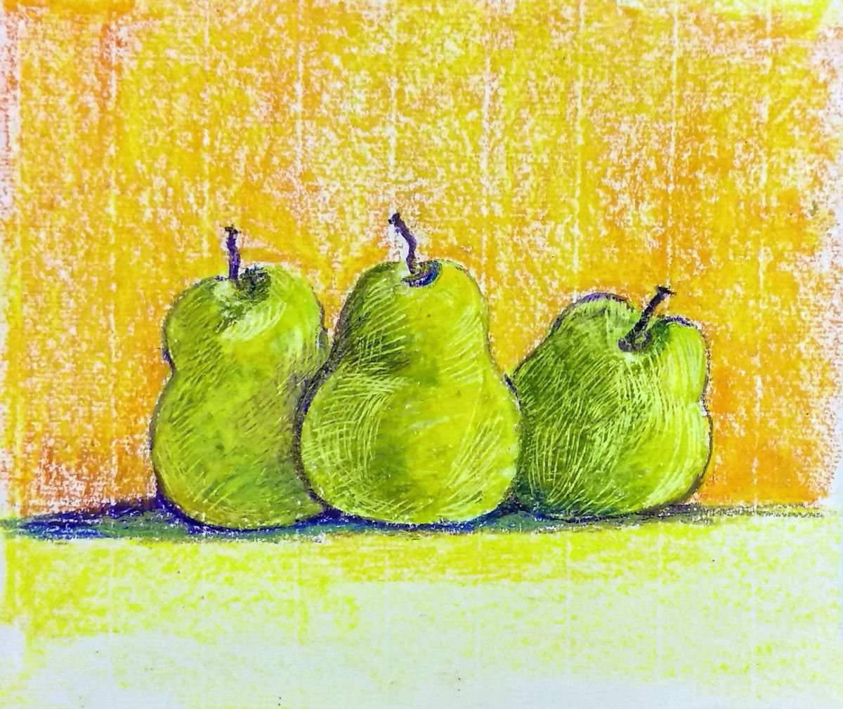 Pears Three pears oil pastel Still life liGHt painting- 9.75x 8.3 Gift by Asha Shenoy
