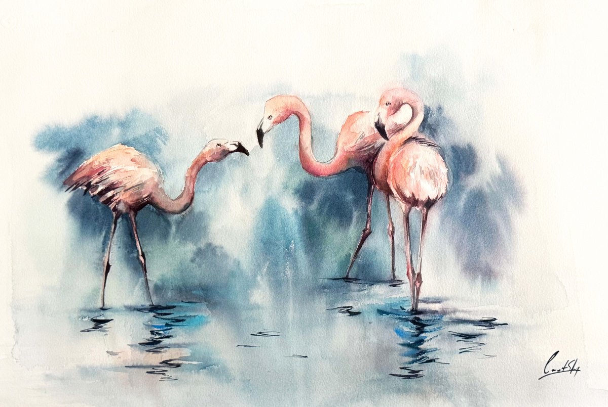 Impressionistic Animal Watercolour By Sophie Rodionov, 22 X 15", Flamingos, Original Artwork
