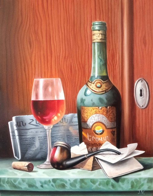 Still life with Armenian cognac and pipe by Tamar Nazaryan
