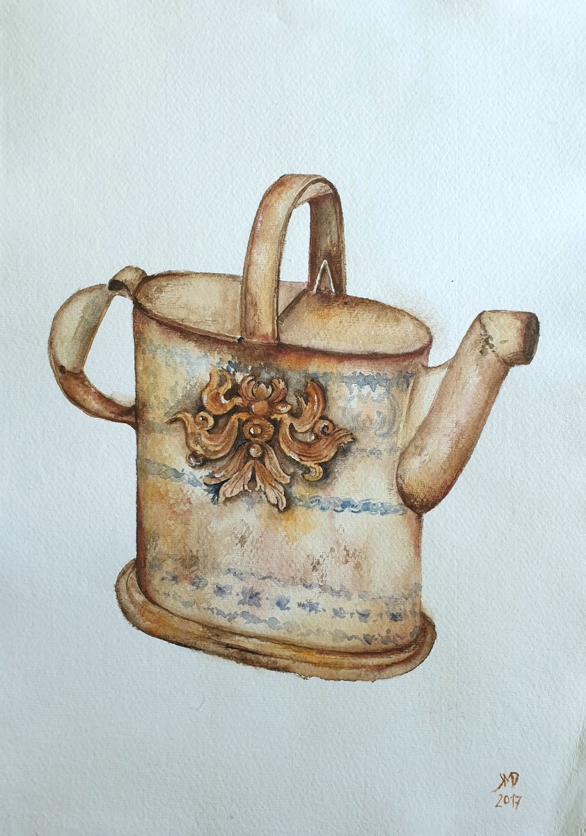 Illustrative Still Life Watercolour By Ksenia June, 12 X 17", Nostalgie Series - Rusty Pot, Original Artwork