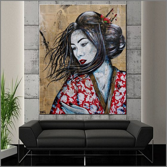 Boketto (Reason for Being) 120cm x 150cm Geisha Book Page Urban Pop Art