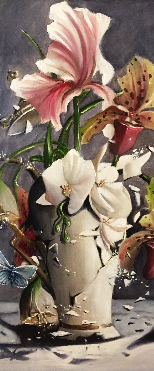 Falling white porcelain - original oil on wood - 40 x 60 cm ( 16' x 24 ' ) by Valentina Toma' aka Zoe Chigi