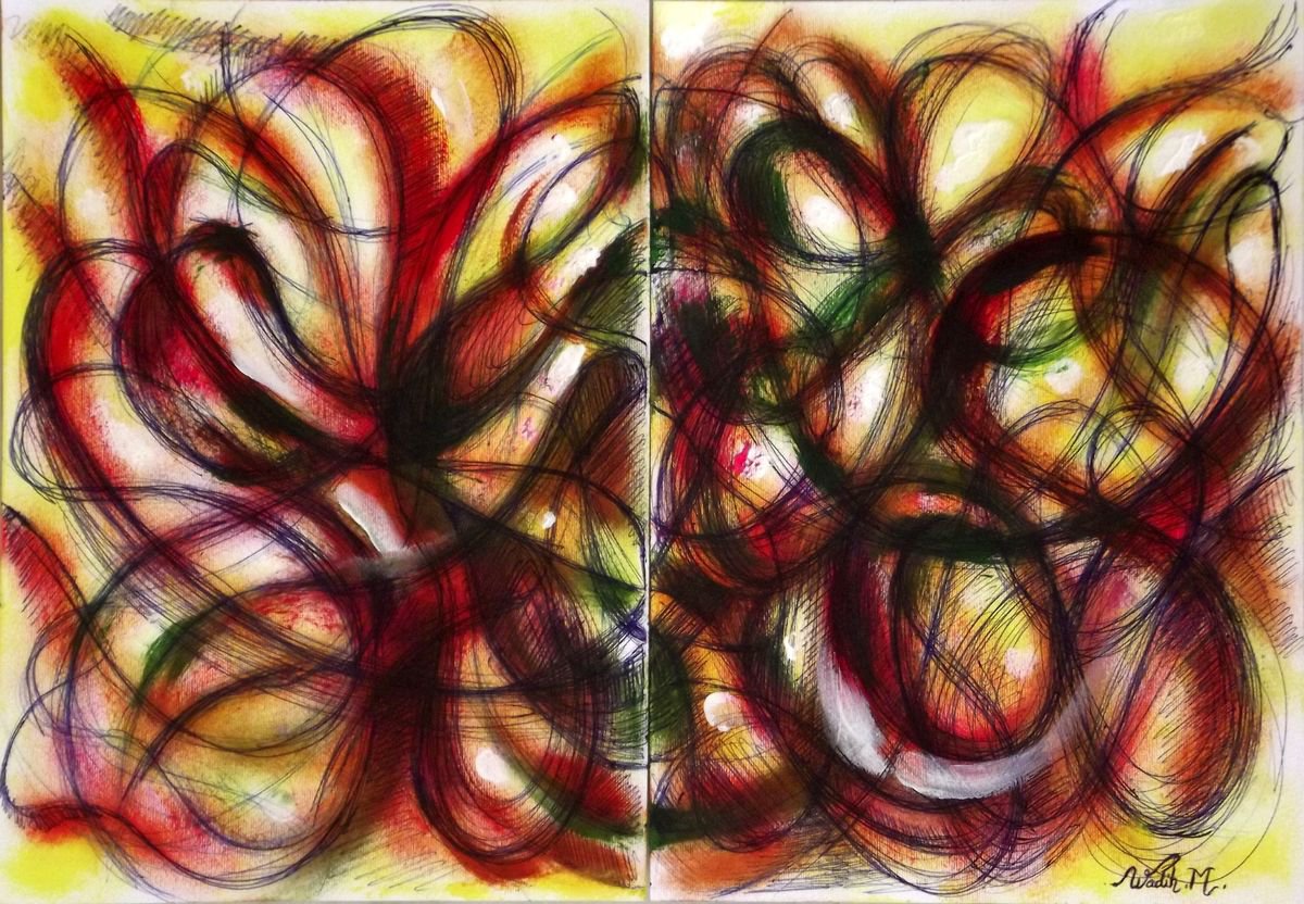 BUTTERFLY MOVES - Abstract painting - Double paneled 41x30cm by Wadih Maalouf