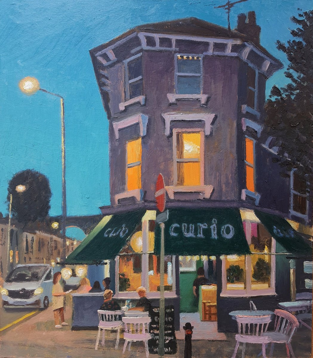 Impressionistic Cityscapes Oil Painting By Roberto Ponte, 14 X 16", Brighton Cafe Nocturne, Original Artwork
