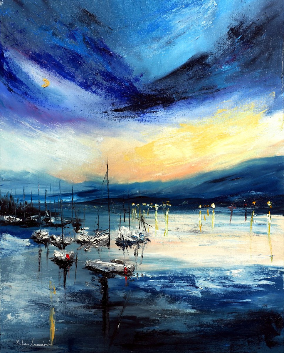 Impressionistic Landscape Oil Painting By Ruslana Levandovska, 9 X 12", Sailboats At Evening Lake, Original Artwork