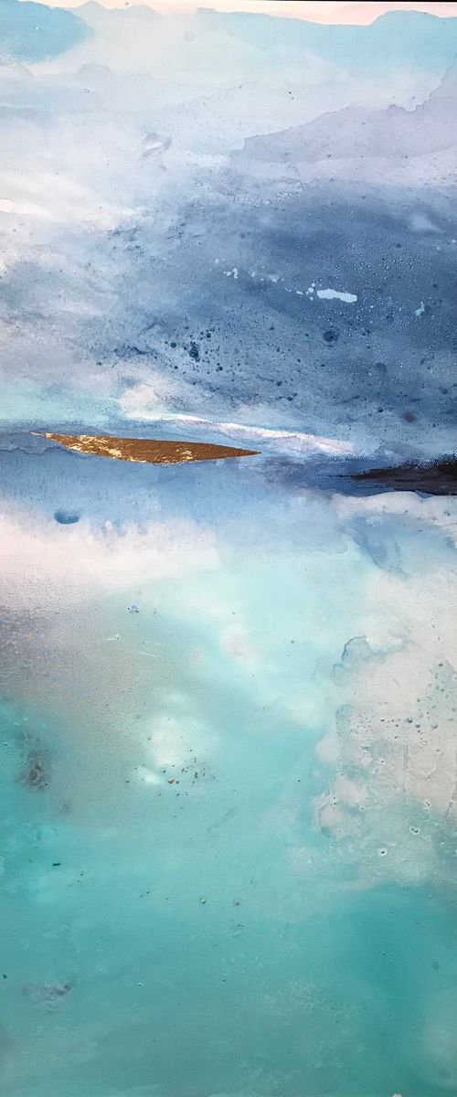 Abstract blue turquoise beach painting atmospheric impressionistic soft tones seascape with gold leaf "Serenity5” by Henrieta Angel