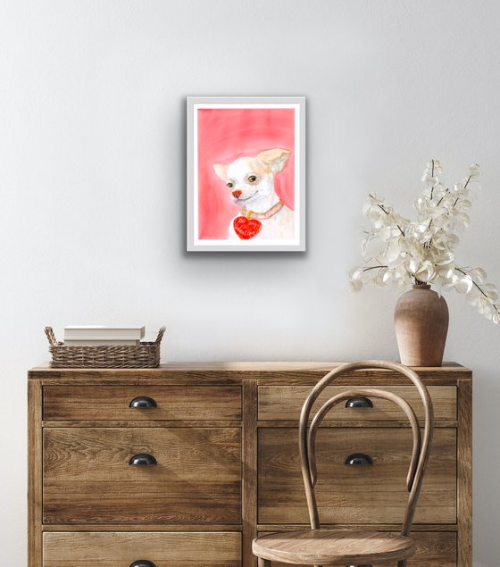 Valentine Chihuahua portrait with red heart - Funny gift idea for dog lover - Be my Valentine.
