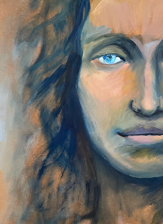 WOMAN'S PORTRAIT (MIST) - small oil painting on kraft paper with a girl with blue eyes indigo gift idea home decor