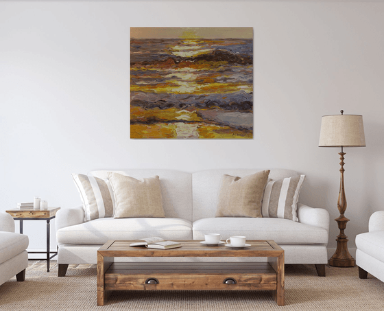 SEASCAPE. STATE OF MIND - landscape, original oil painting, one of a kind, plein air artwork, water ocean, indian sun, waves, beach, hot, sunrise 97x107